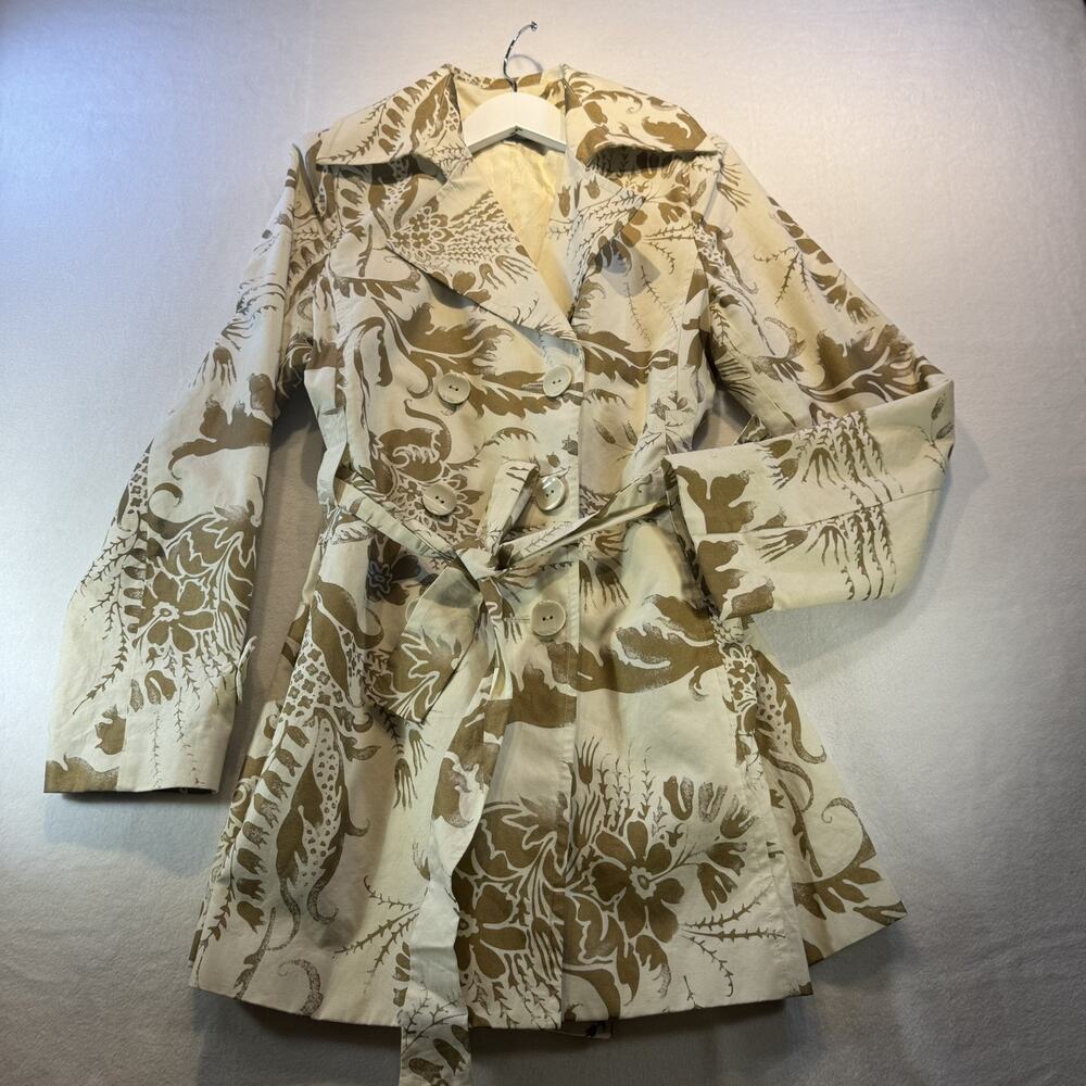 CAbi Floral Ivory & Gold Double-Breasted Belted Mid-Length Trench Coat - M